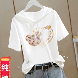 Summer New Style Hooded Sweatshirt White Short-Sleeved T-Shirt for Women, Beautiful Thin Loose Large Size Pure Cotton T-Shirt Top Trendy