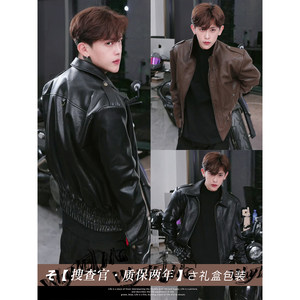 
Preface 77 American three-dimensional cutting right shoulder black motorcycle short men's leather jacket design jacket