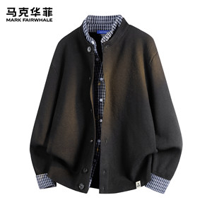 
Mark Huafei sweater jacket men's spring new trendy brand high-end splicing American retro heavyweight sweater