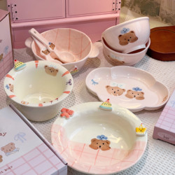 Cute Bear Ceramic Tableware, Hand-Painted Underglaze Color, High-Value for Home Use, Single-Serving, Cream-Style Rice Bowl and Plate