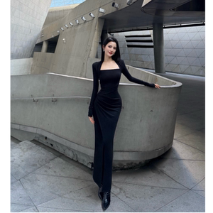 
BETTER ME retro simple slim square neck pleated high waist French autumn and winter dress