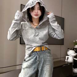 European Style Spring New Lace Hat Loose Thin Long-Sleeve T-Shirt Hoodie Fashionable Versatile Top Slimming Trendy Plus Size