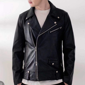 男士经典机车.春秋男士黑色绵羊皮机车款翻领修身真皮斜拉皮衣