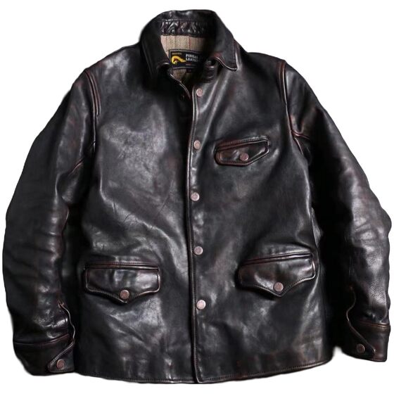 
Tea heart horsehide little brakeman. Men's spring and autumn vegetable tanned oil wax tea heart horsehide classic button lapel leather jacket