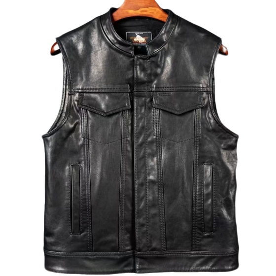 
Cowhide round collar vest. Men's classic fashion retro versatile 1.2 cowhide stand collar vest team motorcycle vest