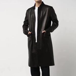 
Sheepskin stand collar windbreaker. Anxin same style men's long sheepskin black simple slim business casual windbreaker