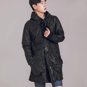 
Washed hooded windbreaker. Men's trendy first-layer sheepskin genuine leather distressed retro hooded long windbreaker jacket