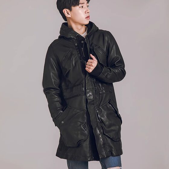 
Washed hooded windbreaker. Men's trendy first-layer sheepskin genuine leather distressed retro hooded long windbreaker jacket