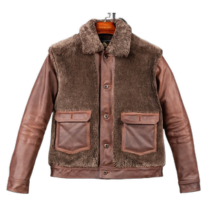 
Brown Bear Jacket. Men's autumn and winter warm American retro distressed horsehide spliced sheepskin fur one-piece leather jacket
