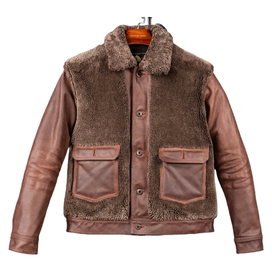 
Brown Bear Jacket. Men's autumn and winter warm American retro distressed horsehide spliced sheepskin fur one-piece leather jacket