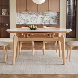 Slate dining table and chair combination modern simple household folding square and round dual-purpose telescopic solid wood cat ears dining table