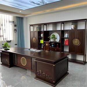 
New Chinese style black gold wood office desk solid wood boss desk chair combination large desk chairman president desk office furniture
