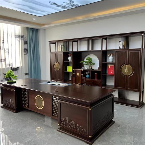 
New Chinese style black gold wood office desk solid wood boss desk chair combination large desk chairman president desk office furniture