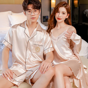 
High-end black couple pajamas men and women in summer ice silk short sleeve shorts silk cool summer home clothes