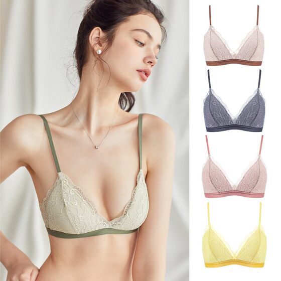 Girls' bras without steel rings Small chest gathered French underwear lace triangular cup set Student bras in summer thin
