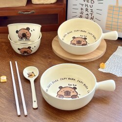 Ceramic Bowl Set with Handle, Cute Tableware, Children's Rice Bowl and Chopsticks Set, Single-Person Set, Special Household Bowl and Plate Set