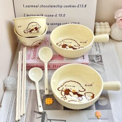 Ceramic Bowl and Chopsticks Set for One Person, Cute Underglaze Color Tableware with Handle Bowl