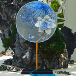 Blue and White Porcelain Fan, Round Fan for Dance, Traditional Chinese Style, Hanfu, Cheongsam Dance Fan, Suzhou Double-Sided Embroidery Round Fan for Women