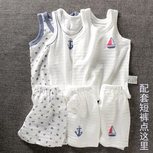Cool summer cotton ultra-thin little boy children's breathable sweat-absorbing vest shorts suit sailboat 0-10 years old
