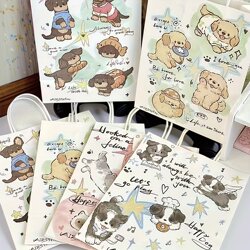 New Cute and Creative Cartoon Hand-Painted Cat and Dog Tote Bag, Convenient Birthday Gift Kraft Paper Bag, Exquisite Paper Bag