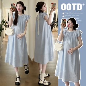 
Maternity wear 2024 new summer clothes loose and sweet mid-length blue small flying sleeve dress fashionable and comfortable summer style
