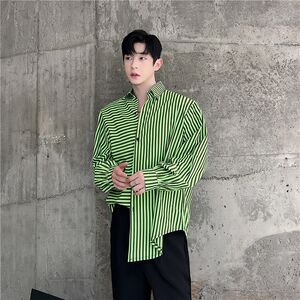 Autumn Korean style fashionable and personalized asymmetrical striped shirt men's hairstylist loose casual long-sleeved shirt