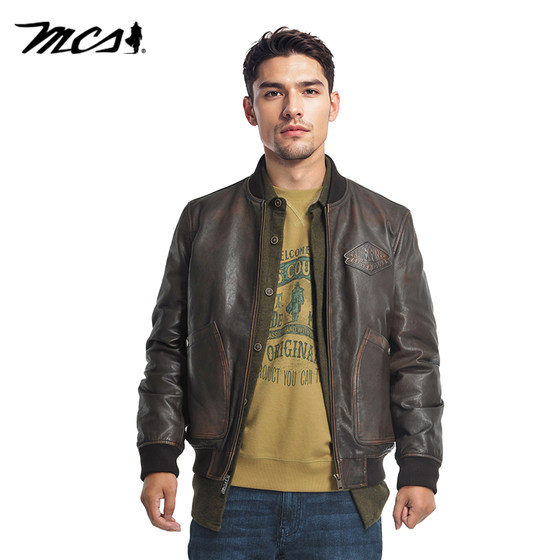 
MCS men's clothing originated from Marlboro autumn old vegetable-tanned sheepskin baseball collar MA-1 pilot down leather jacket
