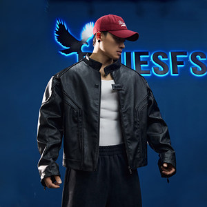 BLUESFLY American leather jacket jacket men's handsome silhouette exoskeleton three -dimensional cutting deconstruction zipper locomotive