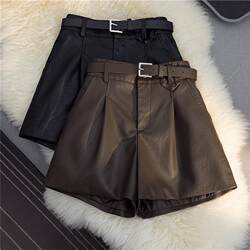 PU leather shorts for small women 2024 autumn and winter versatile high-waisted slimming a-line wide-leg pants loose outer boot pants