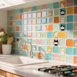Kitchen Stickers, Oil-Proof and Stain-Proof Stickers, Wall Paintings, Self-Adhesive 3D Stereo Mosaic Wall Stickers, Cartoon Kitchen Decoration