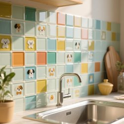 Colorful Dog Cartoon Pattern Mosaic 3D Stereo Wall Stickers for Kitchen and Bathroom, Waterproof and Oil-Proof Crystal Adhesive Patches