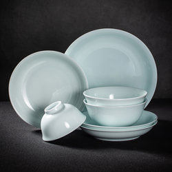 Jingdezhen High-Temperature Porcelain Tableware, Shadow Celadon Bowls and Plates, Household Chinese-Style High-End Plates, High-White Porcelain Rice Bowls, Noodle Bowls, Dinner Plates