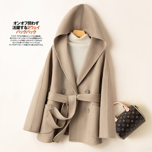 Autumn and winter new Hepburn wind double -sided cashmere coat female hooded loose Korean cape small wool woolen coat
