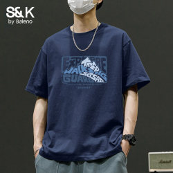 Baleno S&K Pure Cotton T-Shirt for Men 2026 New Summer Navy Blue Trendy Brand Loose Large Size Student Men's Short Sleeve