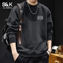 Baleno S&K Fleece-Lined Crew Neck Sweatshirt for Men, Autumn and Winter, Heavyweight, Loose Fit, Youth American Retro Thick Clothing