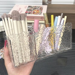Light Luxury Water Ripple Cosmetic Three-Compartment Storage Box, Three-Compartment Pen Holder, Stationery Storage Box, Practical Item Organizer