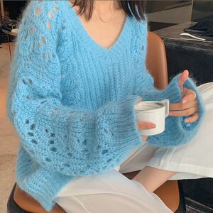 
Qing Dynasty mohair women's sweater autumn wide w pine hollow outer wear alpaca lazy style pullover outer wear