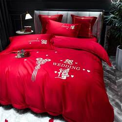 Wedding bedding, wedding embroidery four-piece set, bright red wedding room sheets, pillowcases