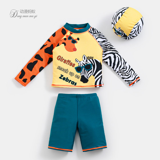 Children's swimsuit split long -sleeved sunscreen beach clothes boys swimming trunks cartoon baby swimsuit 3 -year -old 5 boy swimsuit
