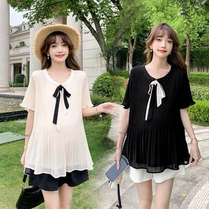 
Plus size pregnant women's tops to cover the belly without showing pregnancy, summer clothes, loose short-sleeved T-shirts, chiffon doll tops for women 200*0.5kg