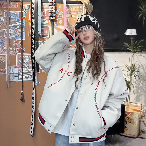 
American trendy brand thickened cotton coat for men, winter quilted embroidered baseball jacket, couple street loose and versatile cotton coat