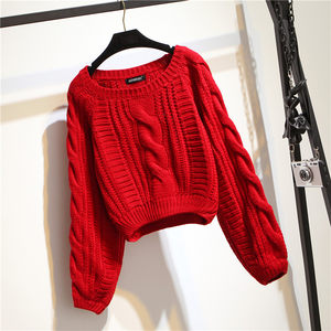 
Big red twist sweater women's loose outer wear autumn and winter new style D short pullover thick wool thickened Korean version lazy