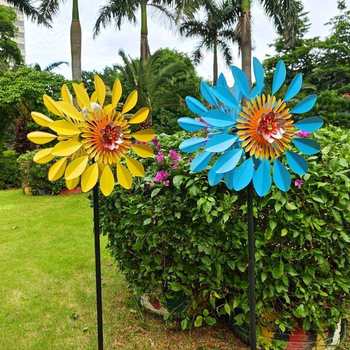 Home and gardening natural decoration garden balcony outdoor windmill painted flowers and leaves contrasting color iron insert double-sided rotation