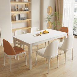 French white cream style pure white rock slab dining table and chairs for household light luxury small apartment rectangular solid wood dining table