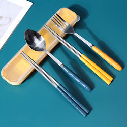 Chopsticks and Spoon Set for One Person, Portable Cutlery Three-Piece Set, Stainless Steel Fork, Single-Person Student Cute Storage Box