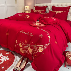 Wedding bedding four-piece set wedding 100 cotton bed J single quilt cover big red wedding quilt cover dowry