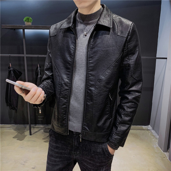 
Leather jacket men 2022 new slim Korean style trendy handsome plush thickened motorcycle leather jacket men autumn and winter
