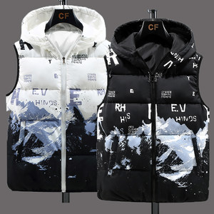 
Large size casual outer vest for men's youth autumn and winter down cotton hooded double-sided printed windproof students plus
