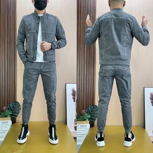 2012 autumn and winter new men's set denim jacket small feet pants two -piece fashion gray jacket wild men's clothing
