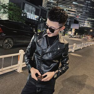 Autumn men's leather jacket personalized tide brand net red slim lapel PU leather gown trend locomotive youth jacket
